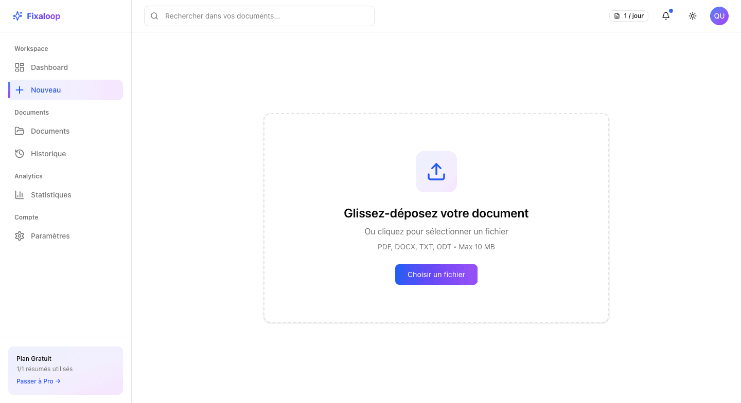 Fixaloop Dashboard - Mode clair